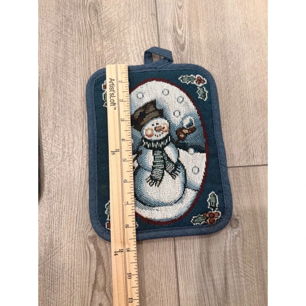 Vintage Christmas Potholder Set Snowman Tapestry & Santa Hat Cooking 2pc Holiday